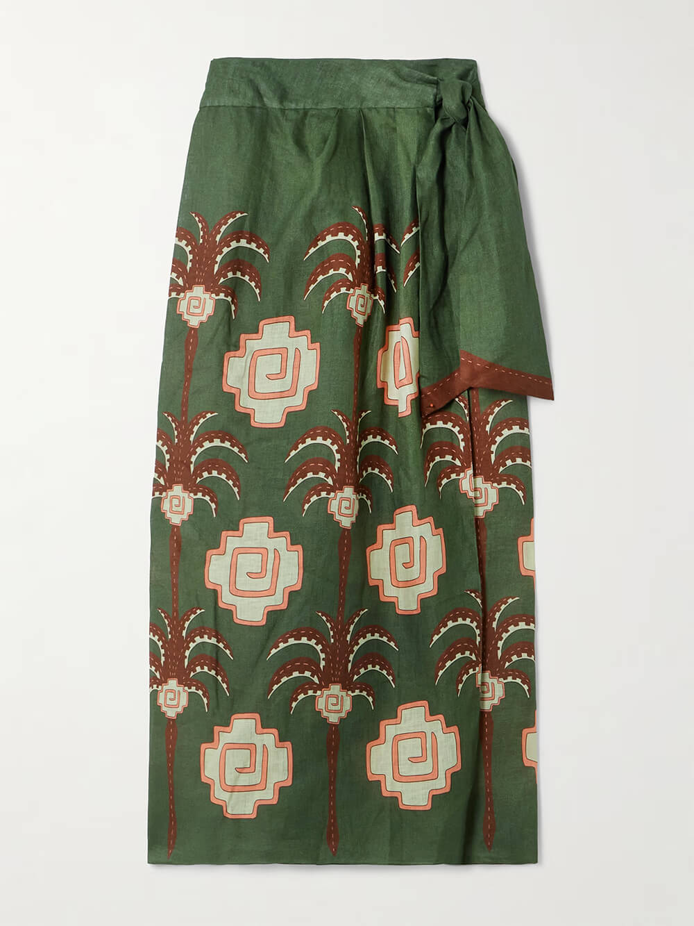 Midi-Wickelrock aus Leinen mit Retro-Palmen-Print