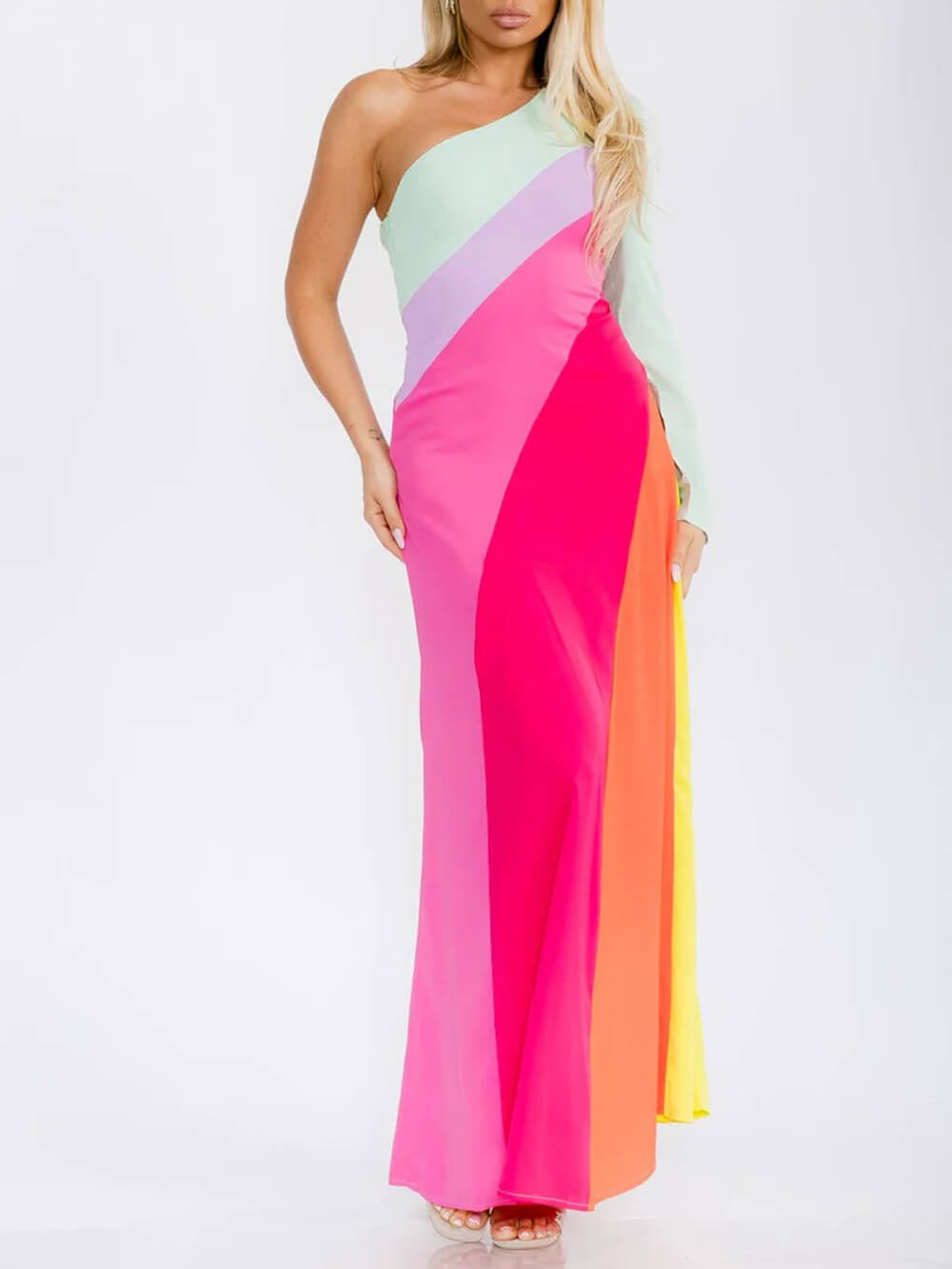 Robe longue unique à une épaule et à blocs de couleurs