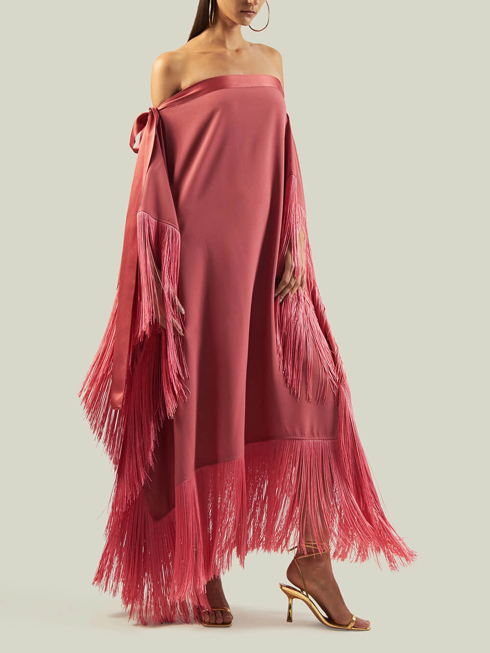 Elegant Satin Fringe Bow Off-Shoulder Maxi Dress