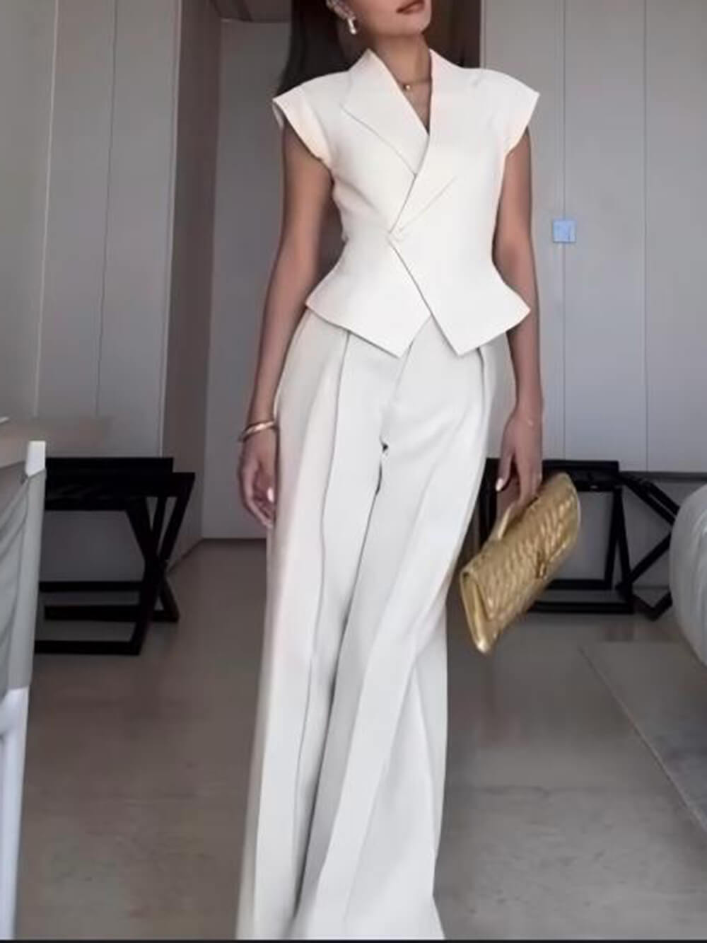 Casual High-Waisted Pleated With Pockets Wide-Leg Pants