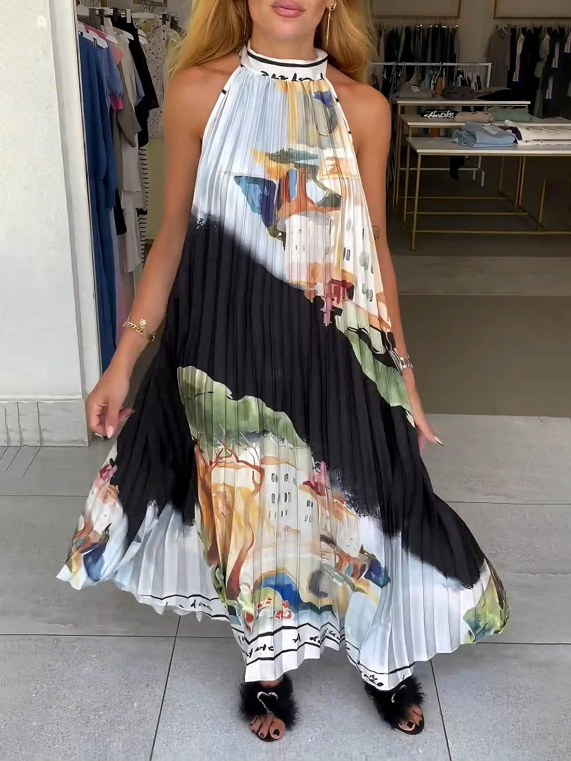 Einzigartiges plissiertes Maxikleid mit abstraktem Landschaftsdruck