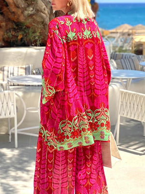 Einzigartiges, lockeres Oversize-Hemd mit ethnischem Blumendruck