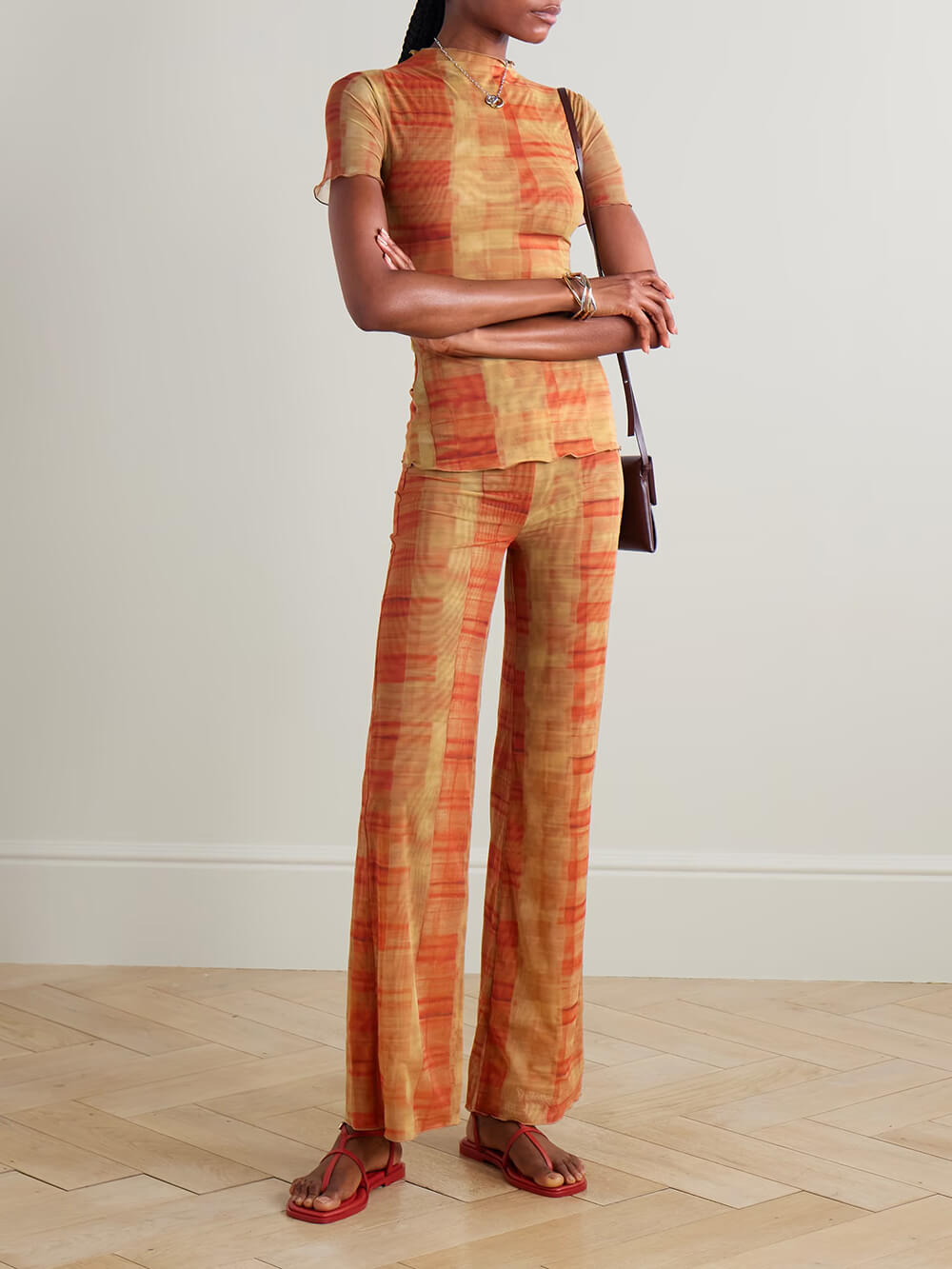 Einzigartige Hose aus Stretch-Mesh mit geradem Bein und Karomuster