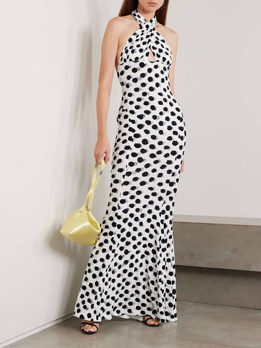 Elegant Cutout Polka Dot Print Stretch Halter Maxi Dress