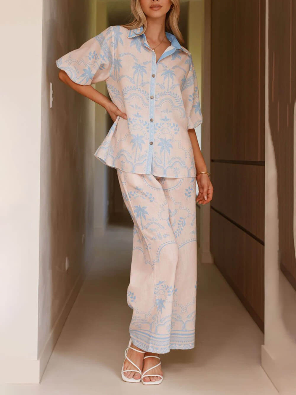 Ensemble haut à manches courtes en lin imprimé, style décontracté, avec ceinture et pantalon droit