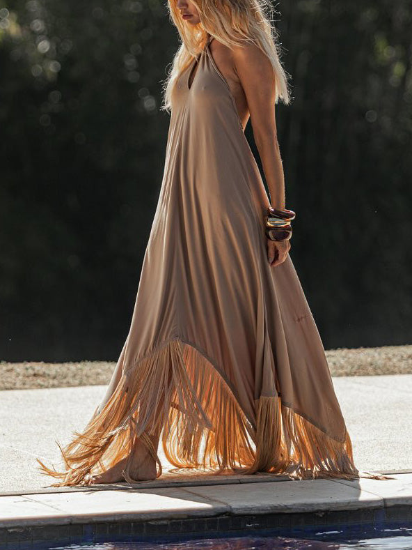 Elegant Halterneck Irregular Tassel Maxi Dress