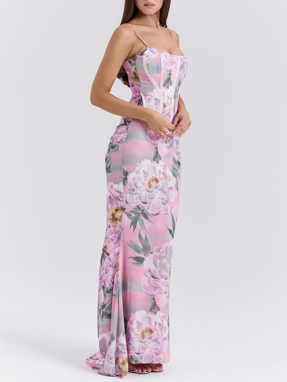 Robe longue corset à imprimé floral rose rétro
