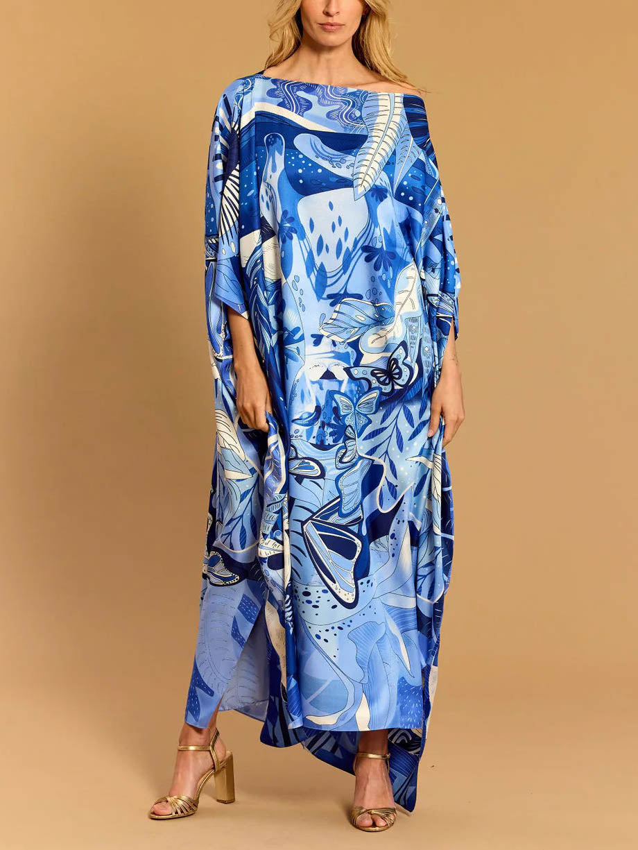 Elegantes Maxikleid aus Satin mit One-Shoulder-Print