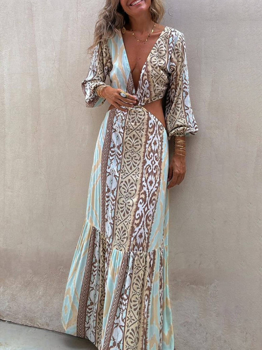 Robe unique à imprimé creux, col en V et ceinture nouée