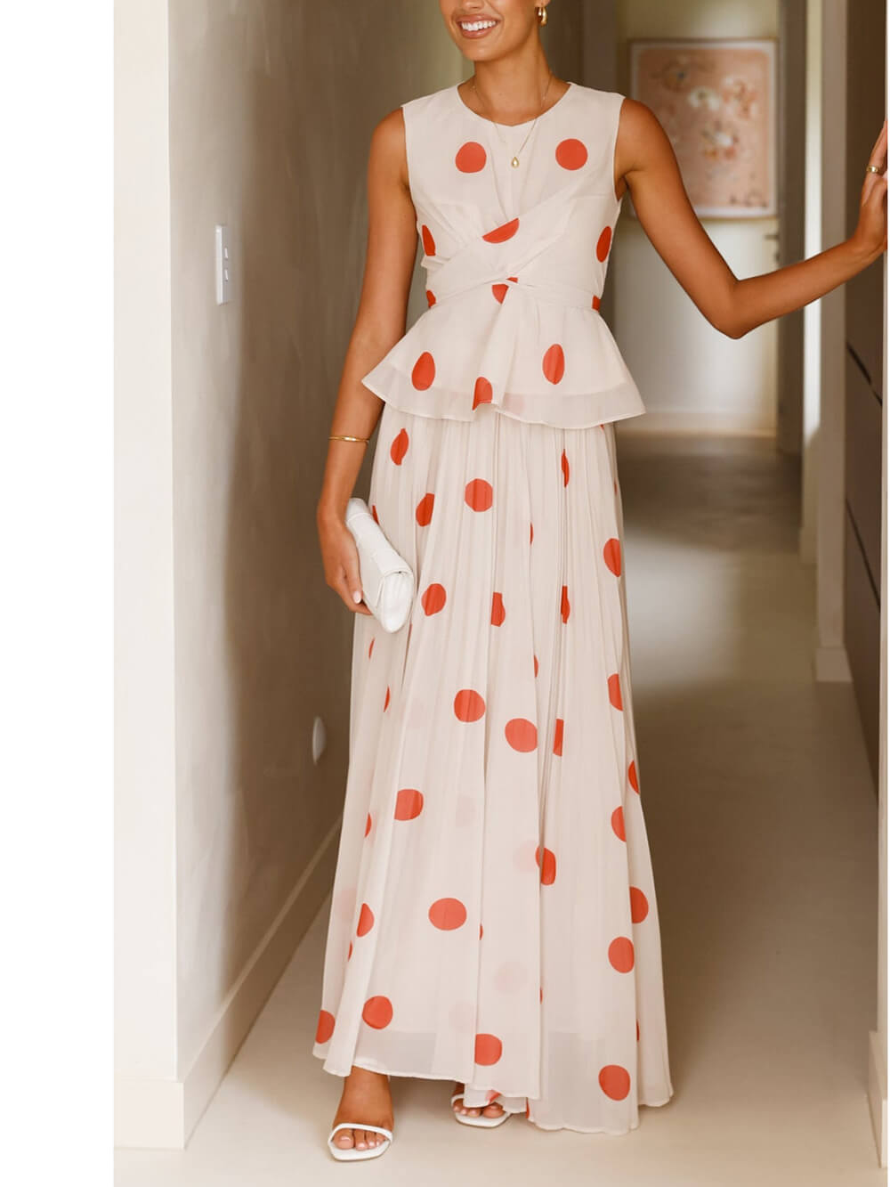 Delicate Red Polka Dot Print Ruched High-Waist Skirt