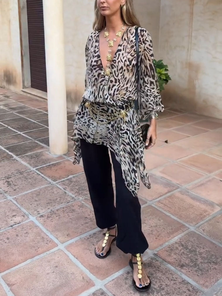 Casual Personalized Animal Print Irregular Hem Shirt