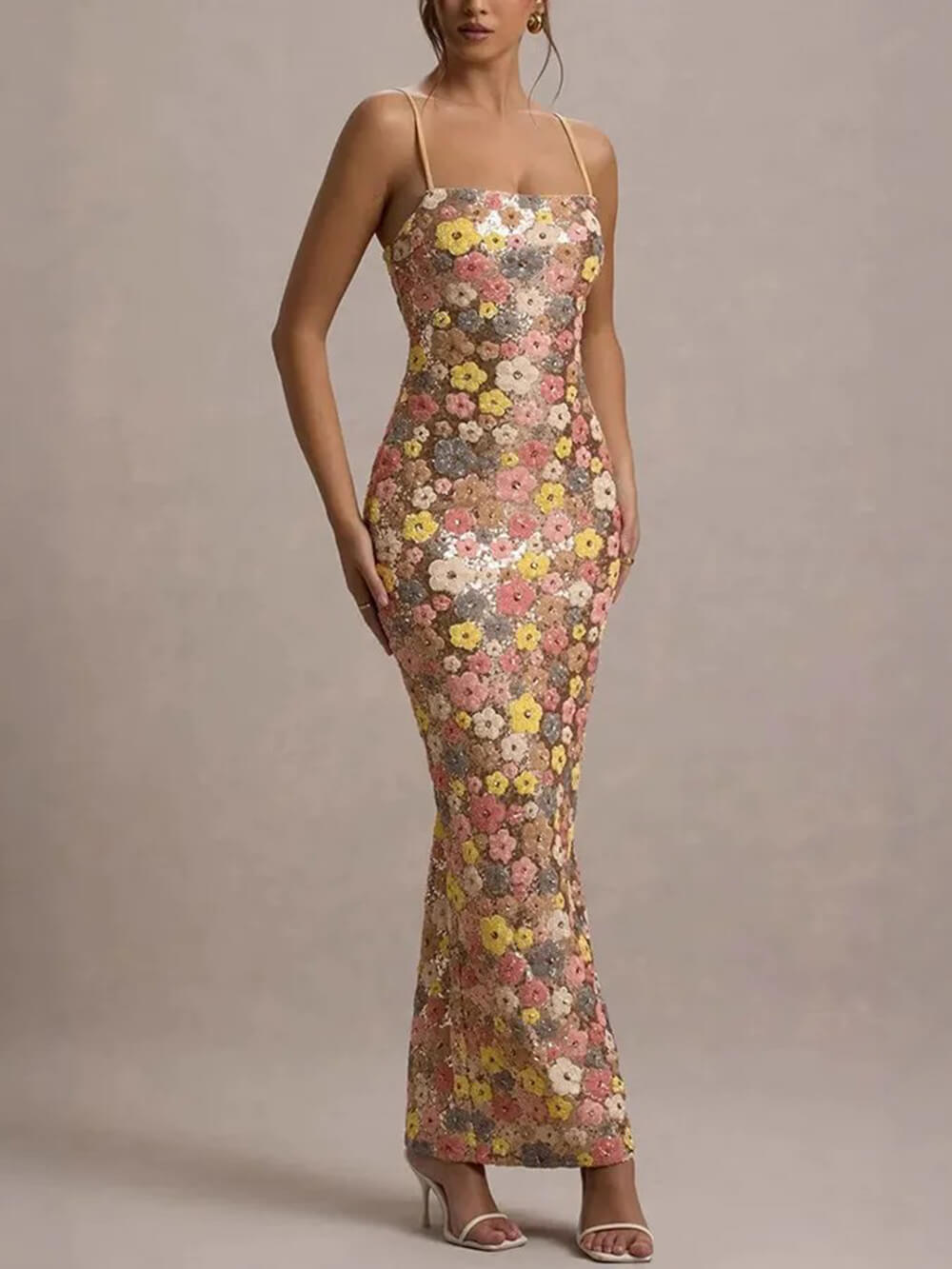 Robe longue extensible à imprimé floral et sequins d'inspiration rétro à col carré
