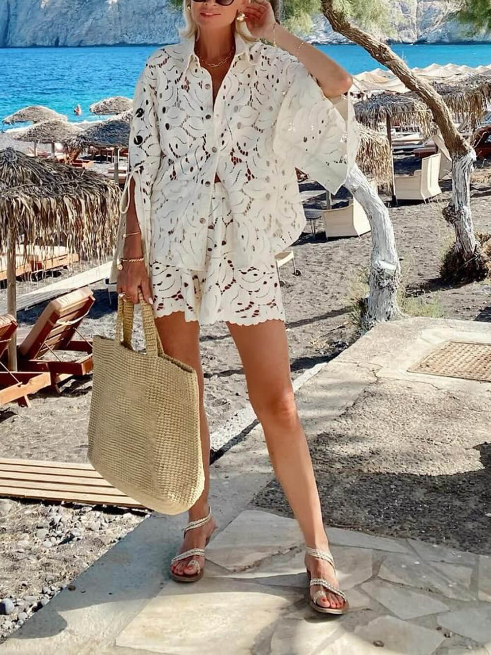 Vintage Exquisites Spitzen-Set mit gehäkelten Schlitzärmeln und Shorts