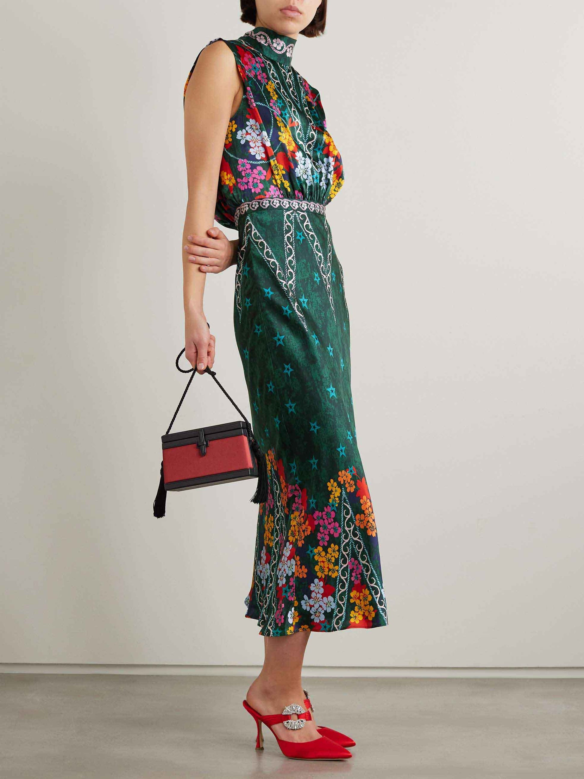 Robe mi-longue en satin à imprimé floral rétro étoiles