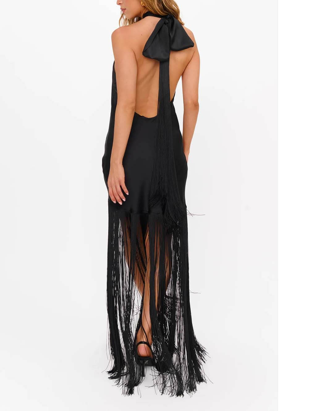 Fashionable Fringe Paneled  Draped Detail Open Back Maxi Dress