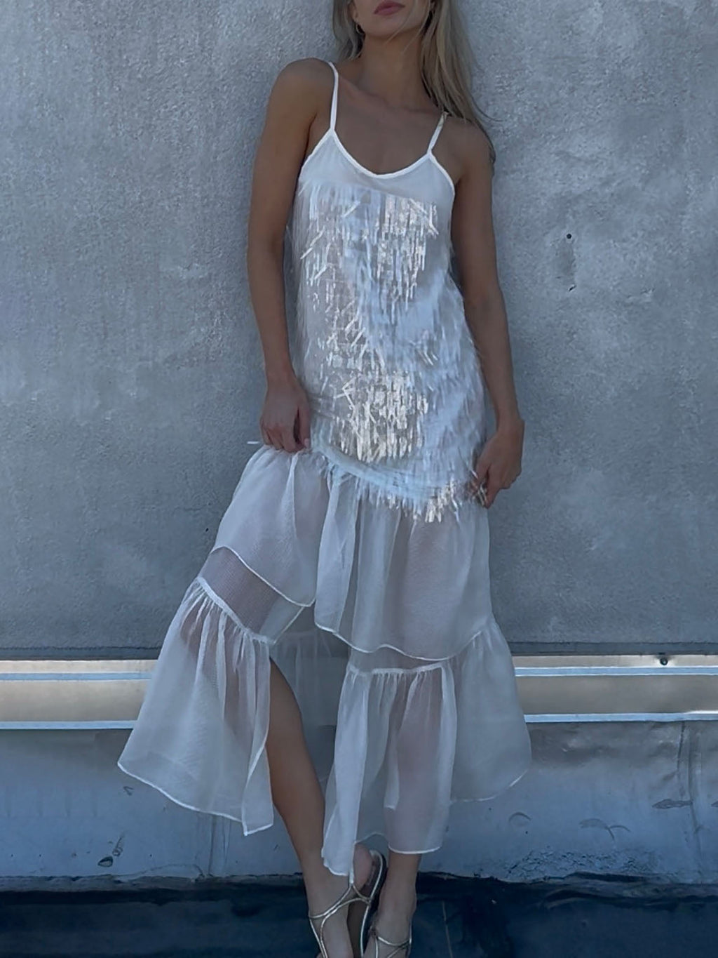 Elegant Halter Neck Sequined Ruffle Maxi Dress