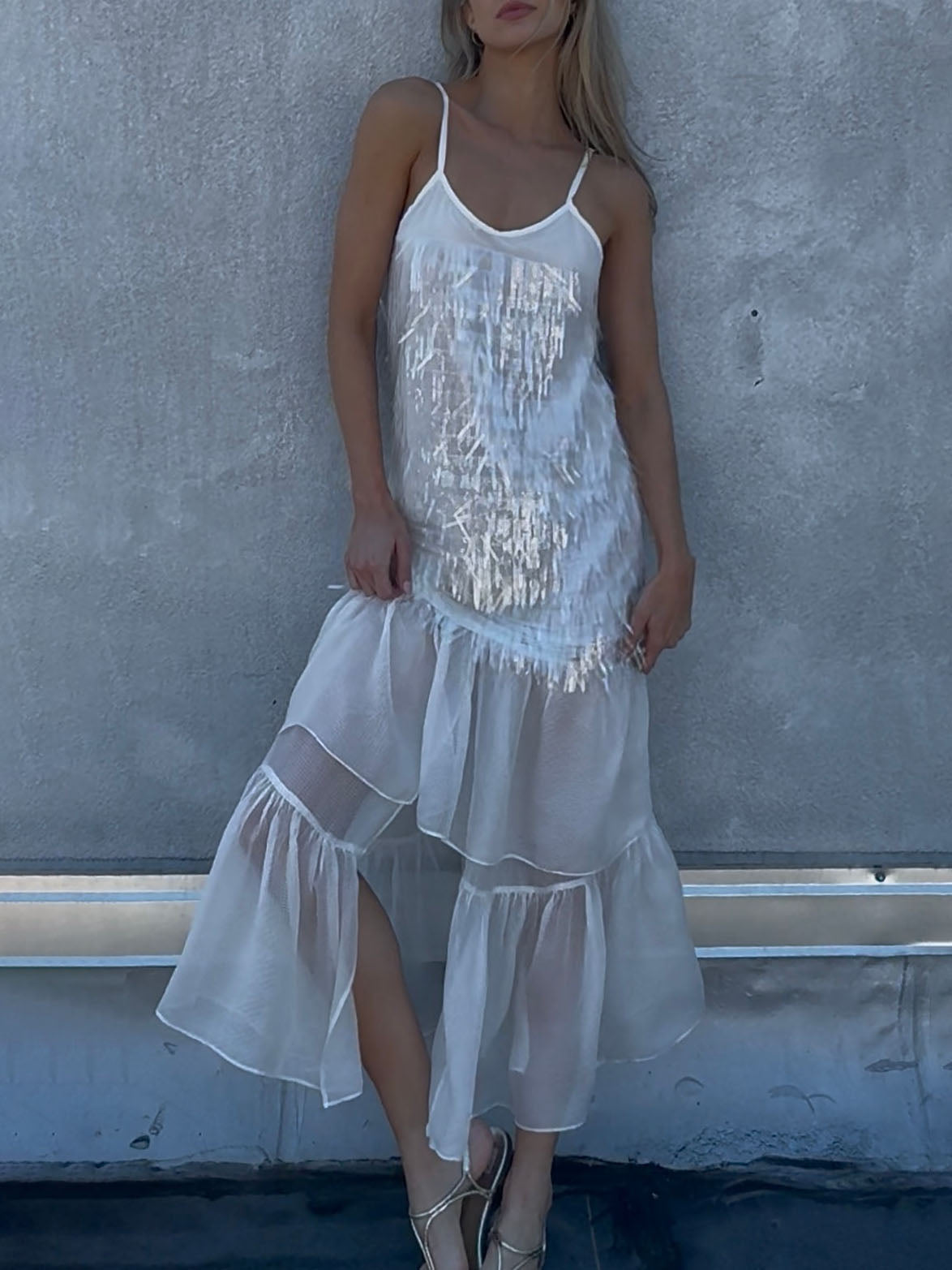 Elegant Halter Neck Sequined Ruffle Maxi Dress