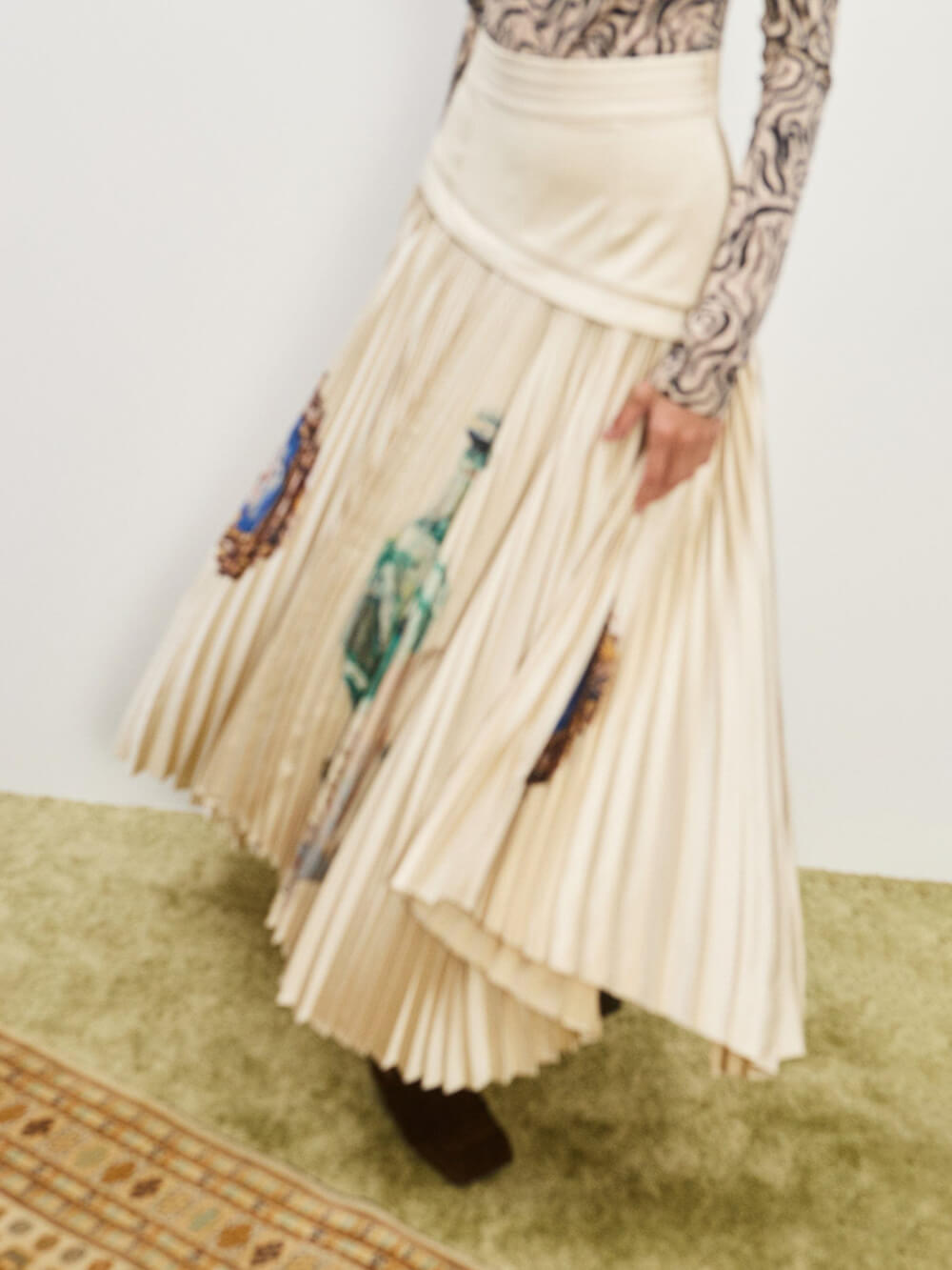 Retro Printed Ruched Patchwork Asymmetric Pleated Skirt