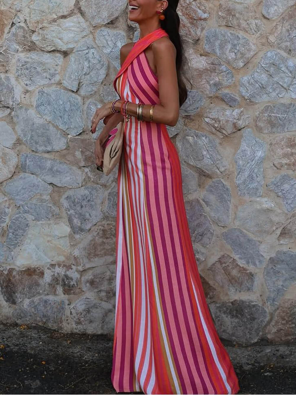 Summer Sunset Samba Maxikleid mit gekreuzten Trägern und Streifen
