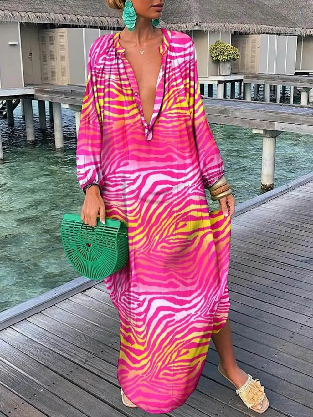 Robe longue bohème imprimée à col en V