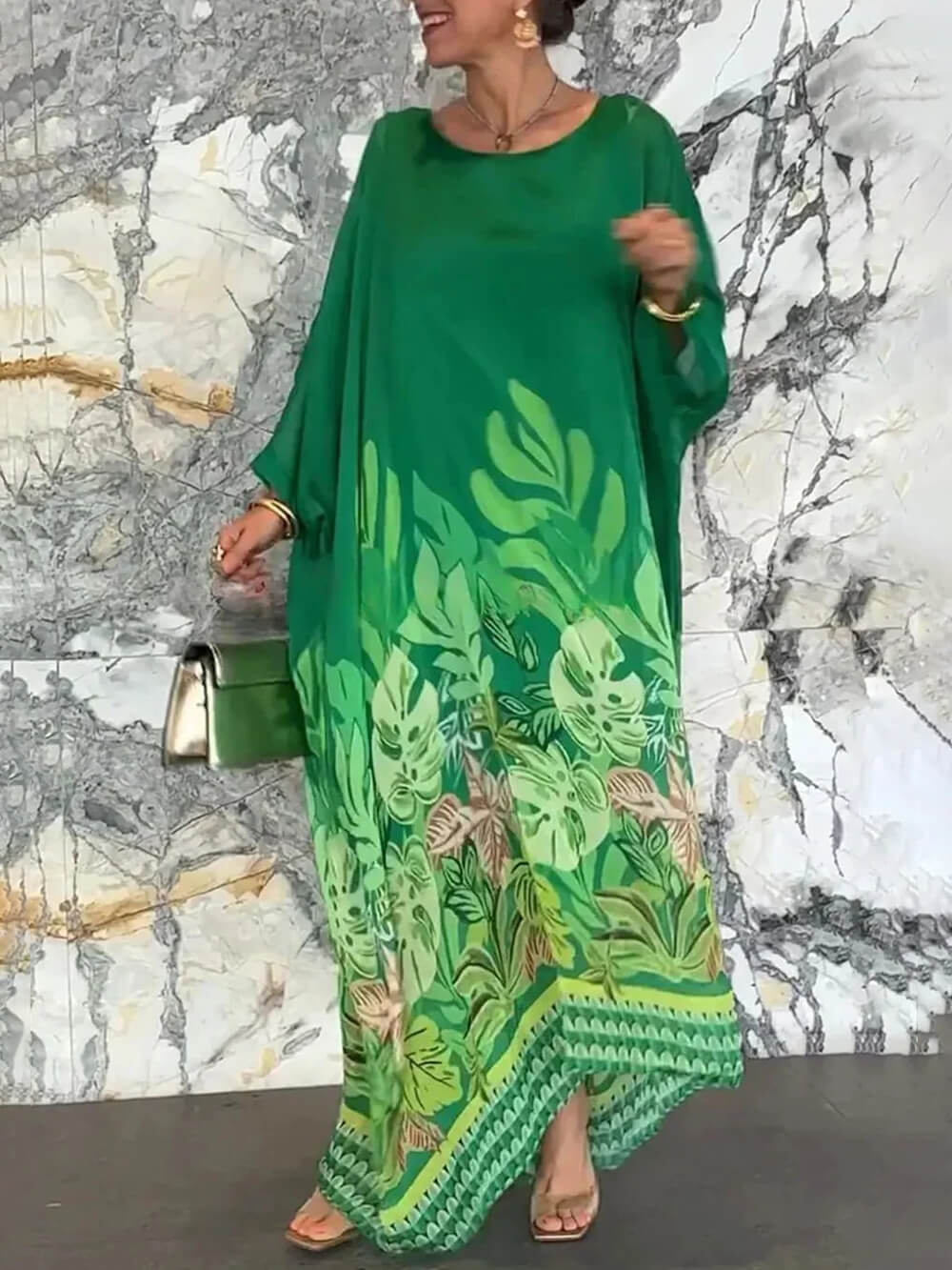 Robe longue surdimensionnée à manches chauve-souris et imprimé végétal