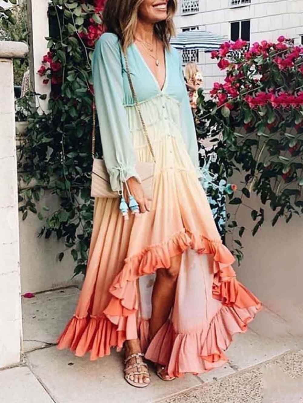 Robe longue bohème à imprimé dégradé arc-en-ciel unique