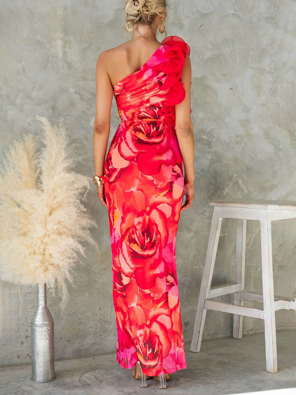 Robe de soirée moulante sexy et élégante sans manches à imprimé floral tridimensionnel