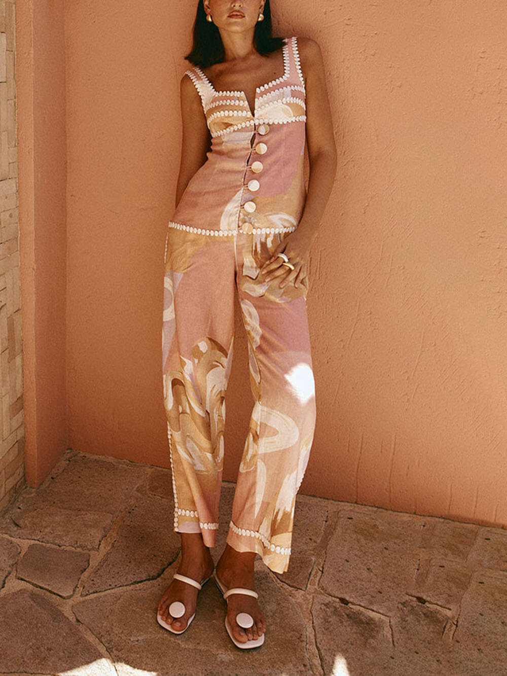 Summer Linen Blend Flowers Trims Unique Print Button Tank