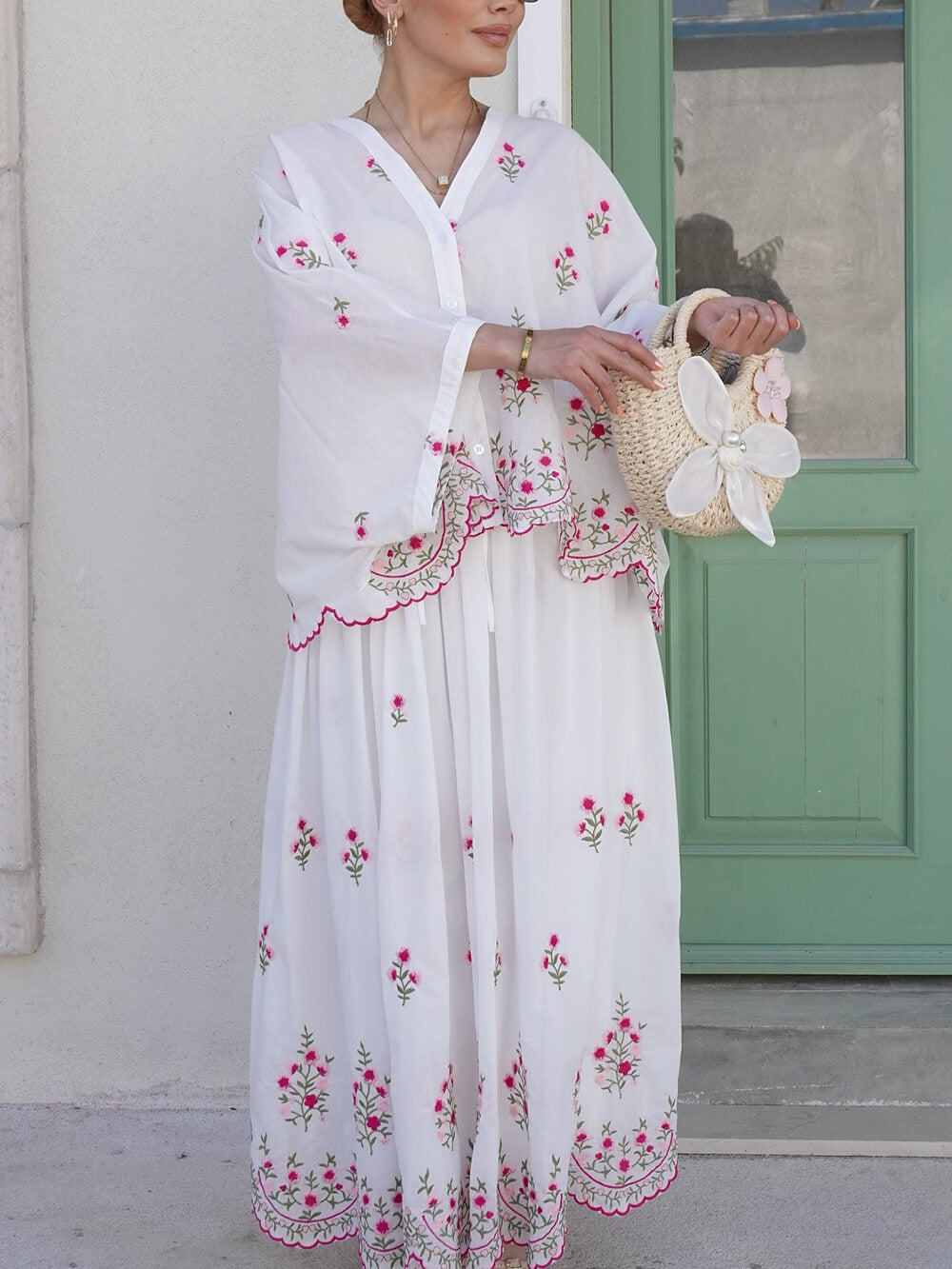 Jupe midi à volants brodés de fleurs délicates avec taille élastique