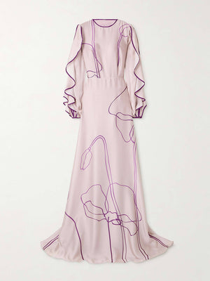 Retro-Maxikleid aus Satin mit Rüschen, Cut-Outs und Blumenmuster