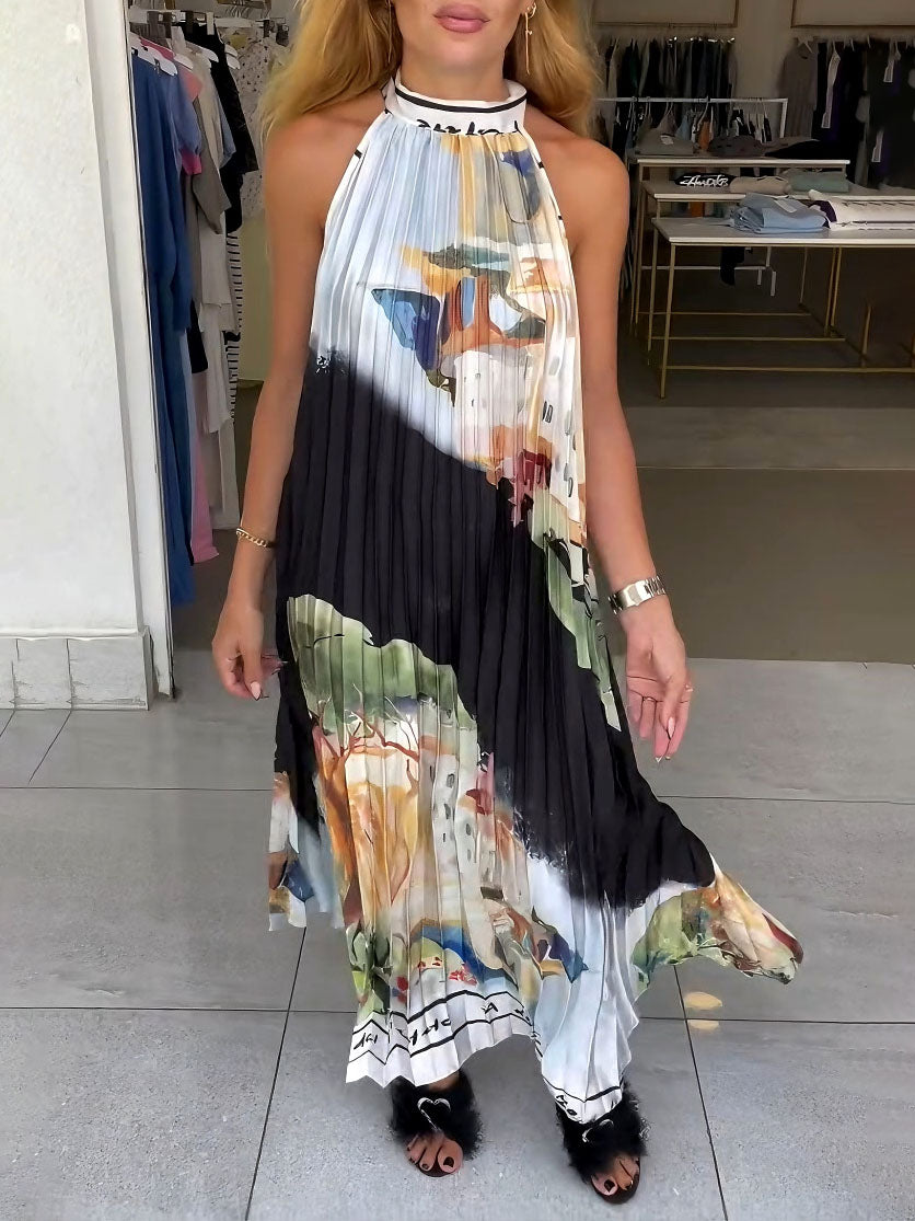 Einzigartiges plissiertes Maxikleid mit abstraktem Landschaftsdruck
