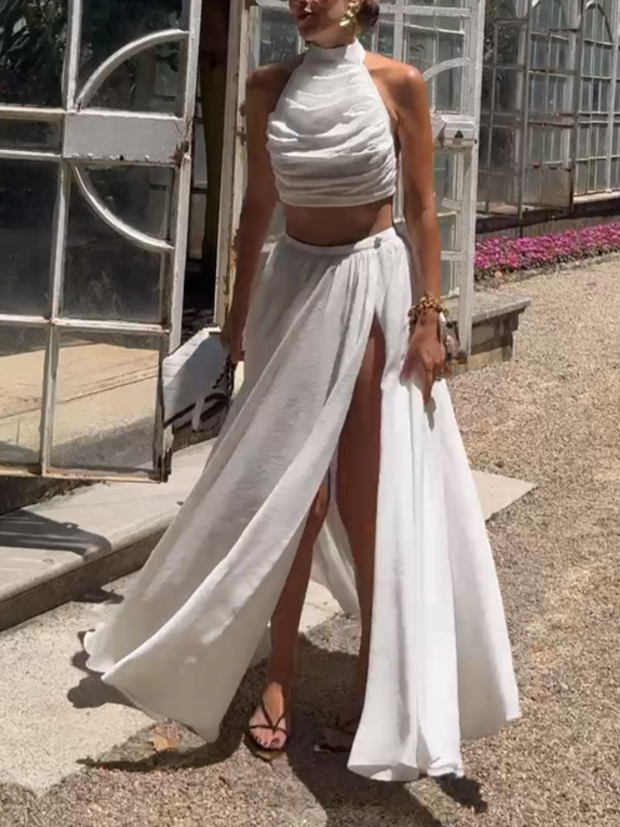 Elegant Halterneck Pleated Top And Slit Long Skirt Two-piece Set