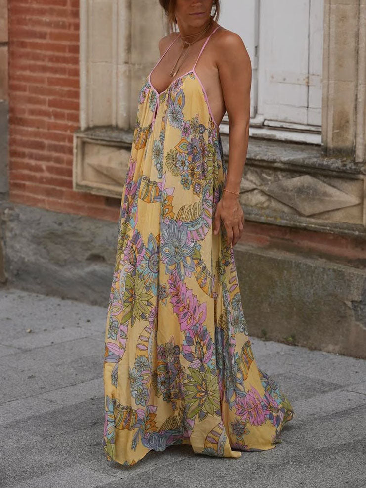 Exquisites, fließendes Chiffon-Maxikleid mit Bohemian-Print