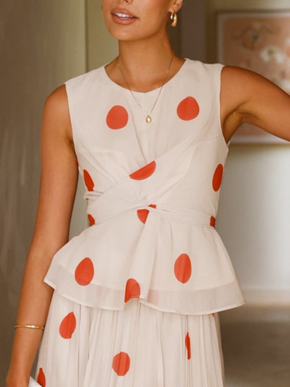 Delicate Red Polka Dot Print Ruched High-Waist Skirt
