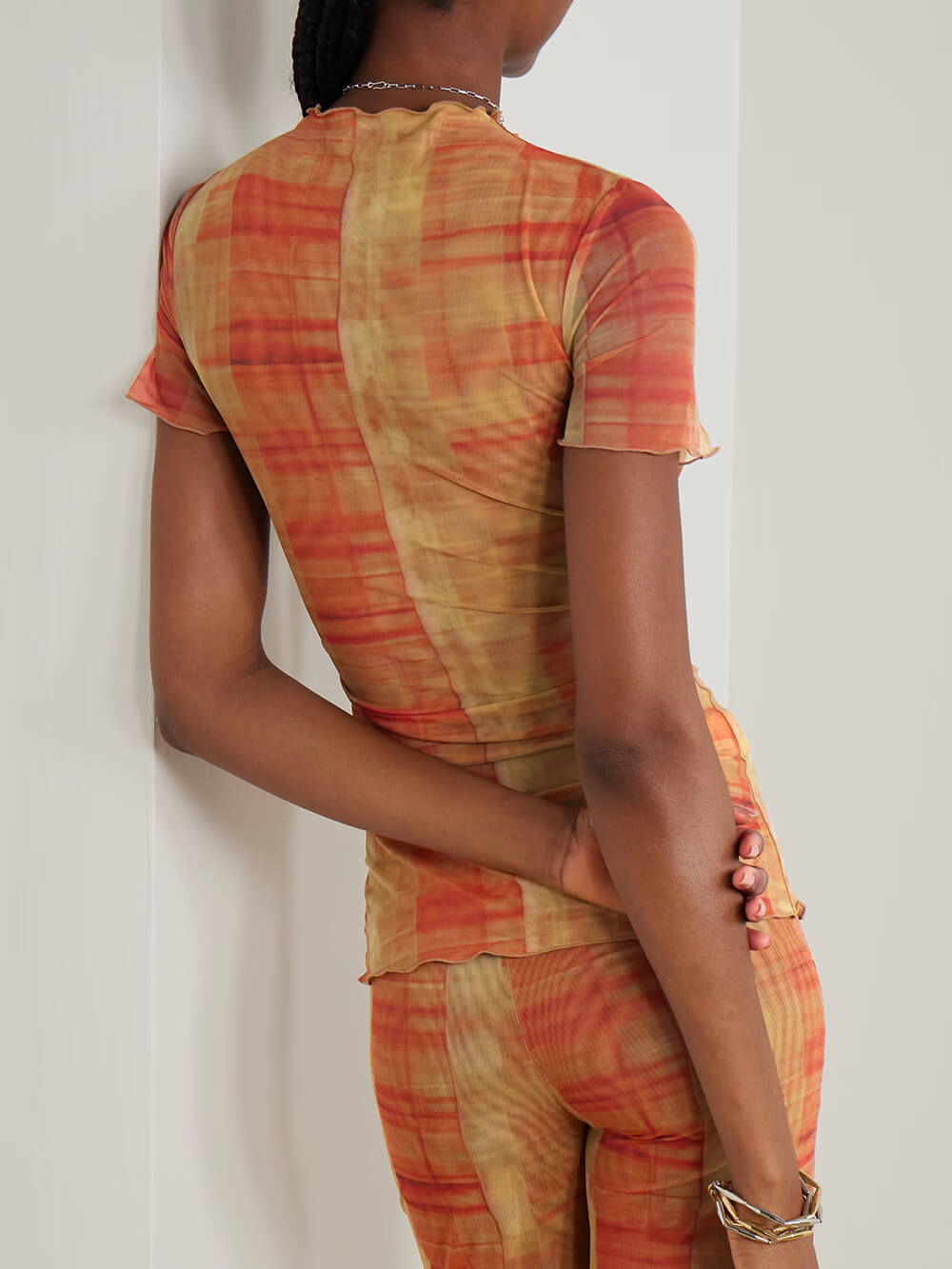 T-shirt en maille extensible à imprimé écossais froncé unique