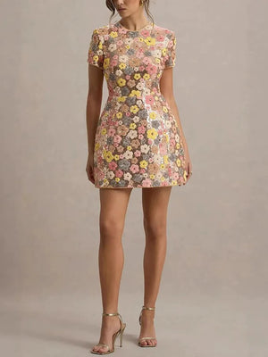 Retro-Minikleid im 80er-Jahre-Stil mit Blumendruck und Pailletten, kurzärmlig