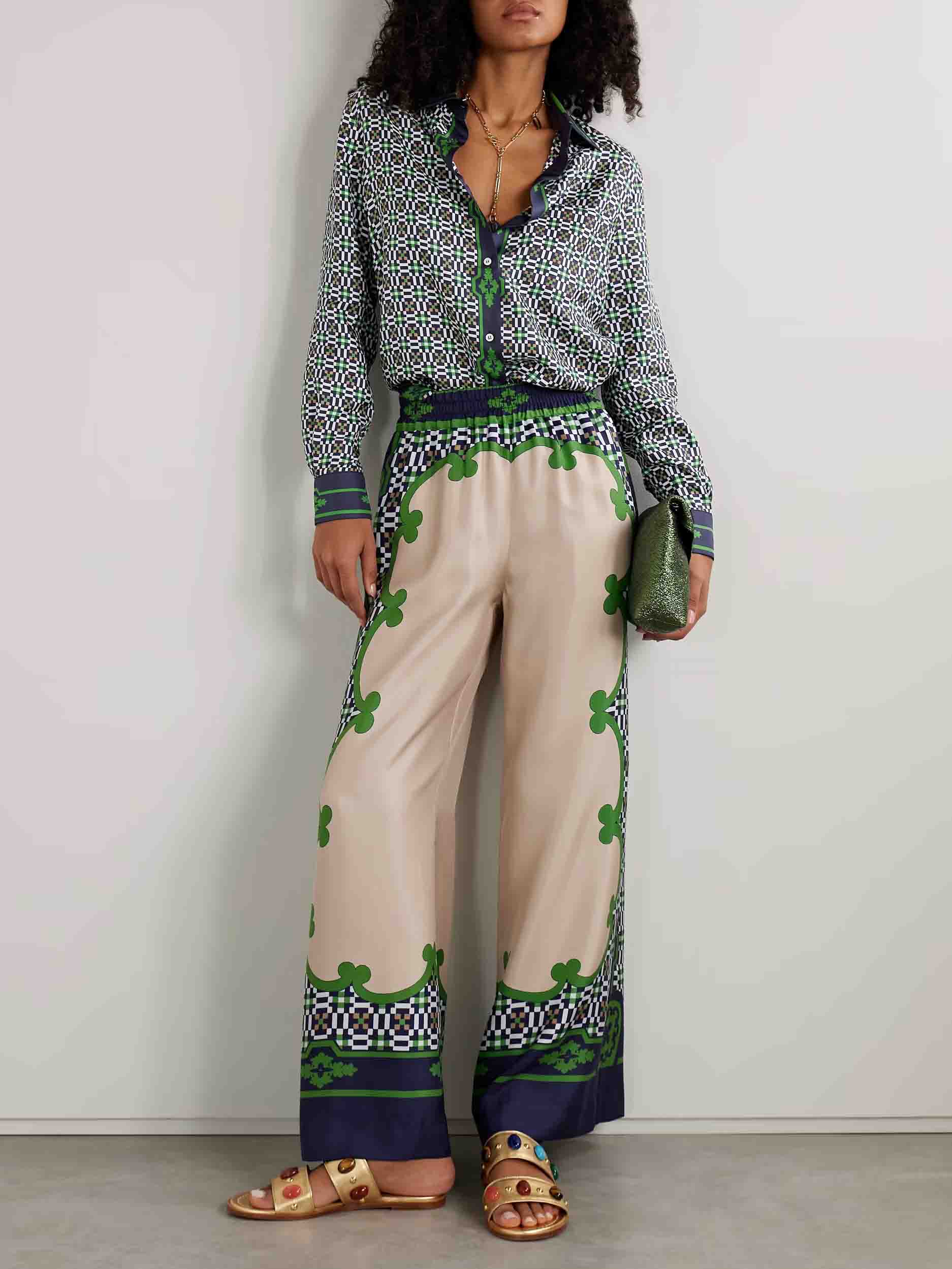 Chemise à manches longues en satin imprimé à motifs géométriques uniques