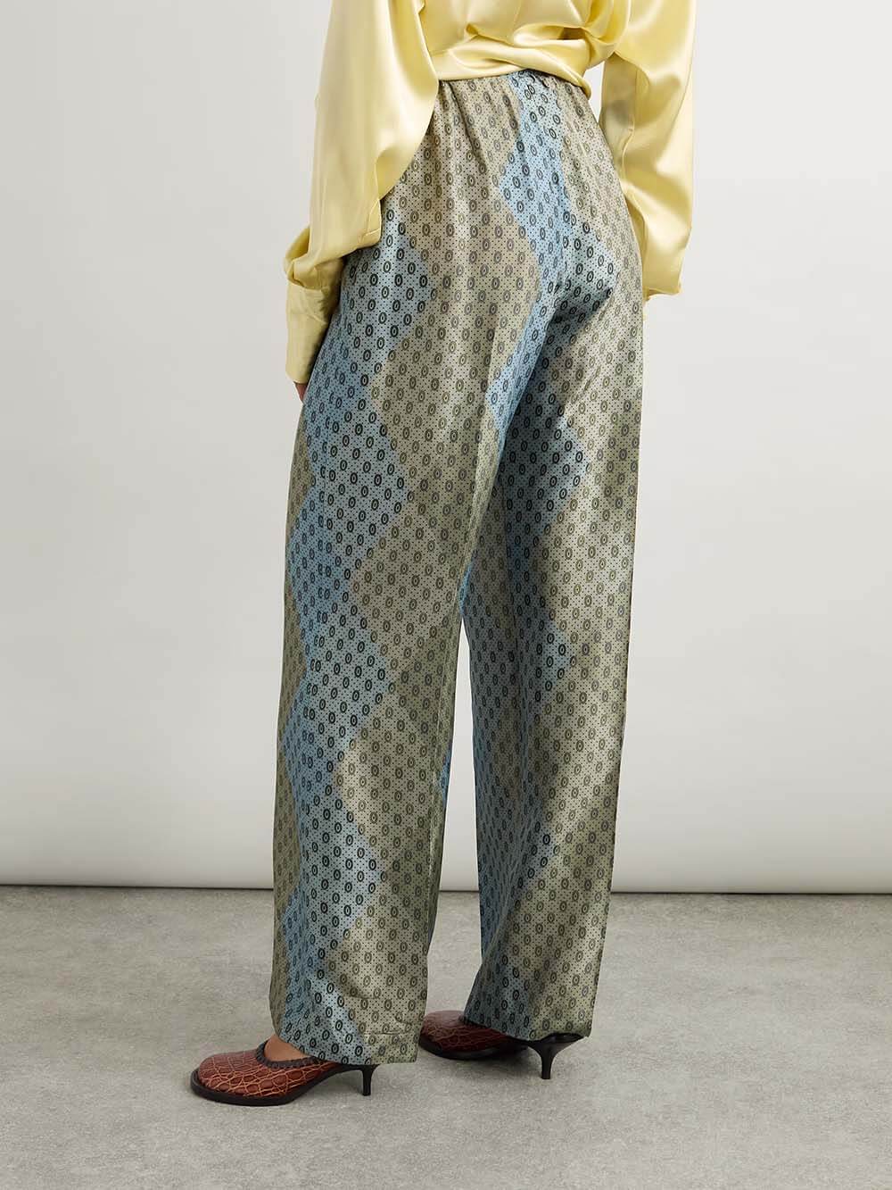 Pantalon droit en satin à imprimé délicat avec cordon de serrage et taille élastique