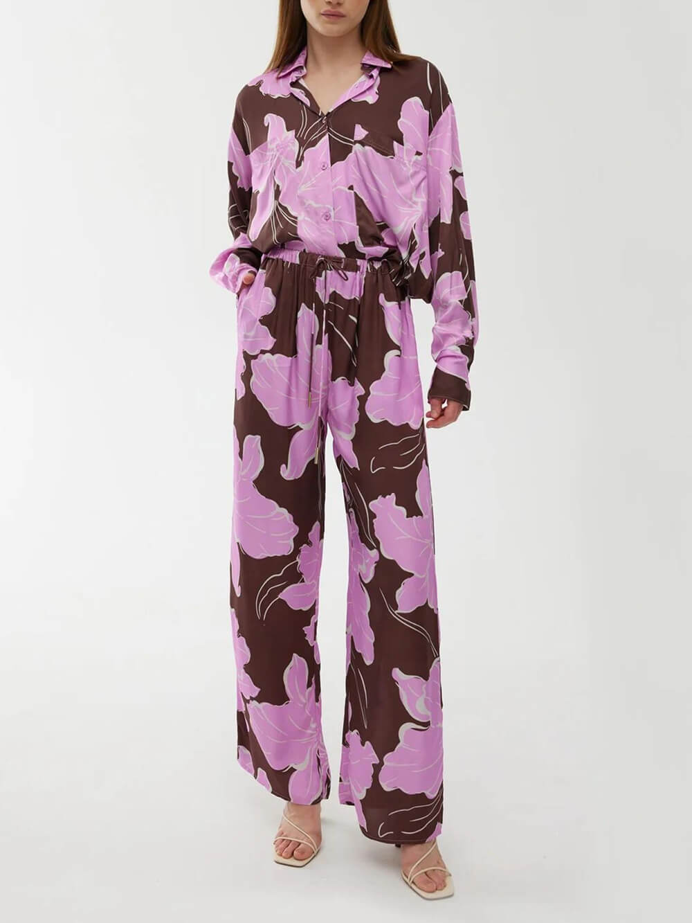 Pantalon droit décontracté à taille élastique et poches nouées, imprimé magnolia