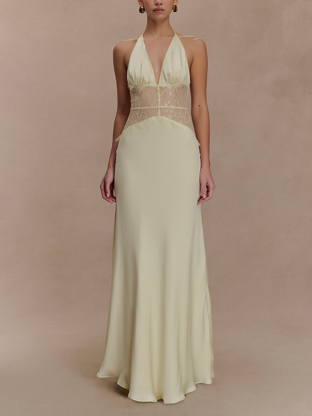 Elegant Lace-Panel V-Neck Lace-Up Satin Maxi Dress