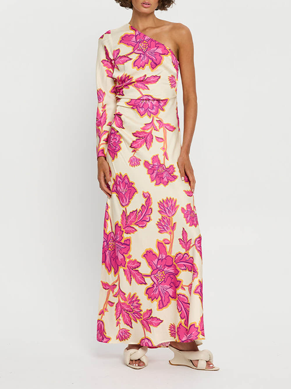 Robe longue évasée à une épaule en satin à imprimé floral unique