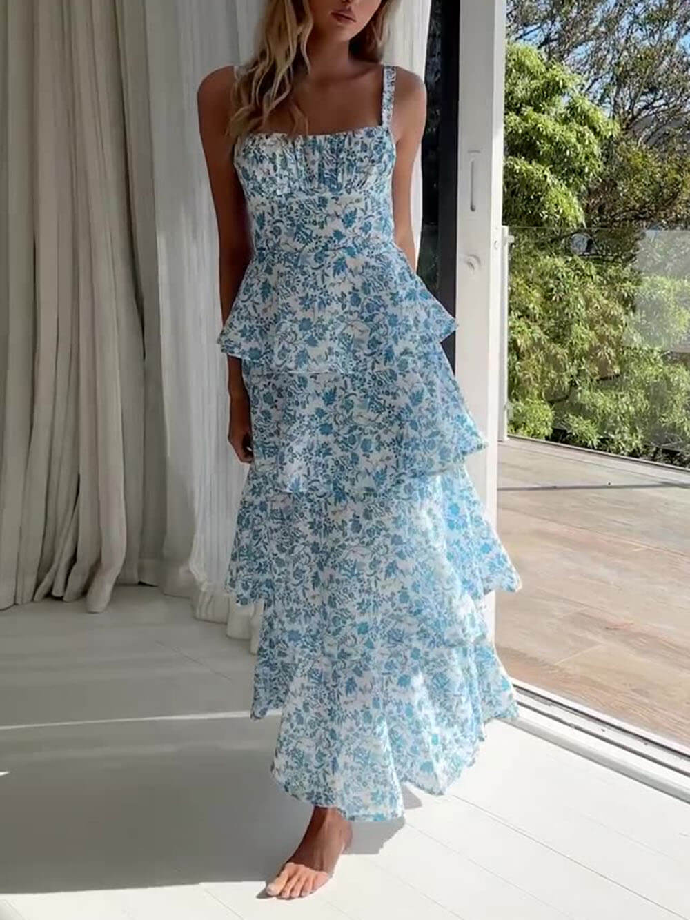 Robe longue sexy à imprimé floral et bretelles superposées
