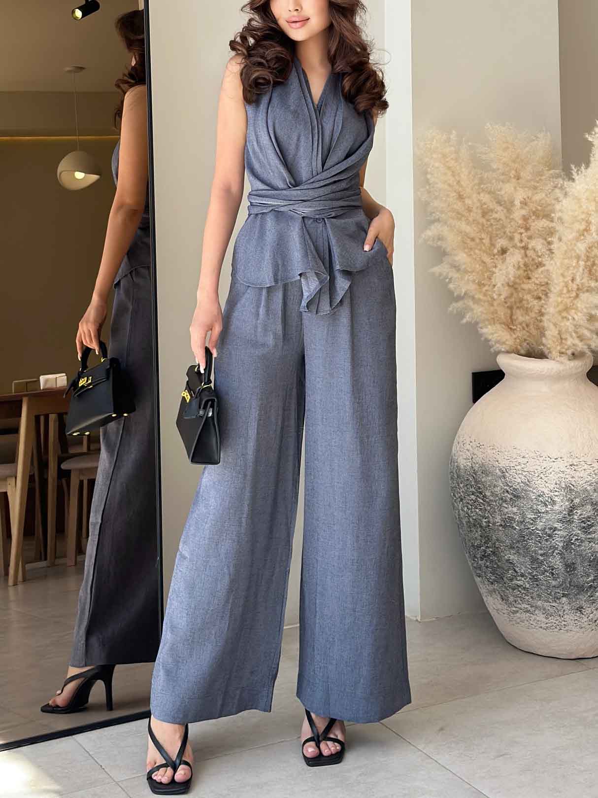 Fashionable Casual Elastic Side Pocket Wide-leg Pants