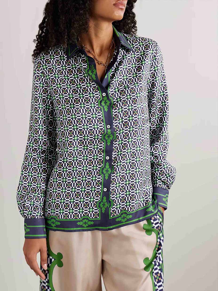 Chemise à manches longues en satin imprimé à motifs géométriques uniques