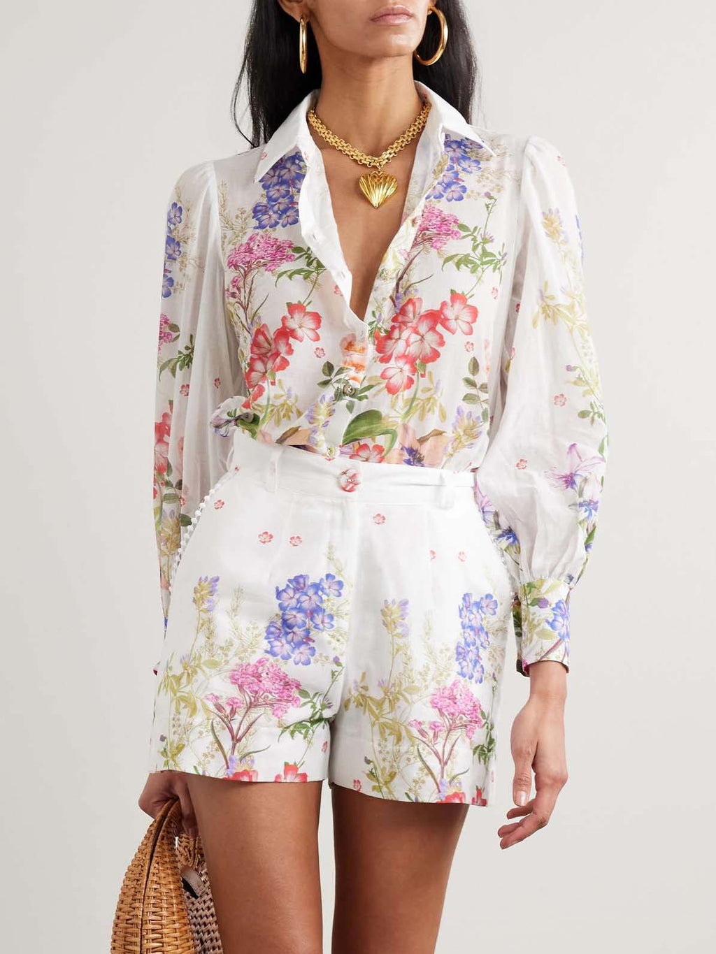 Ensemble deux pièces chemise à manches longues à imprimé floral