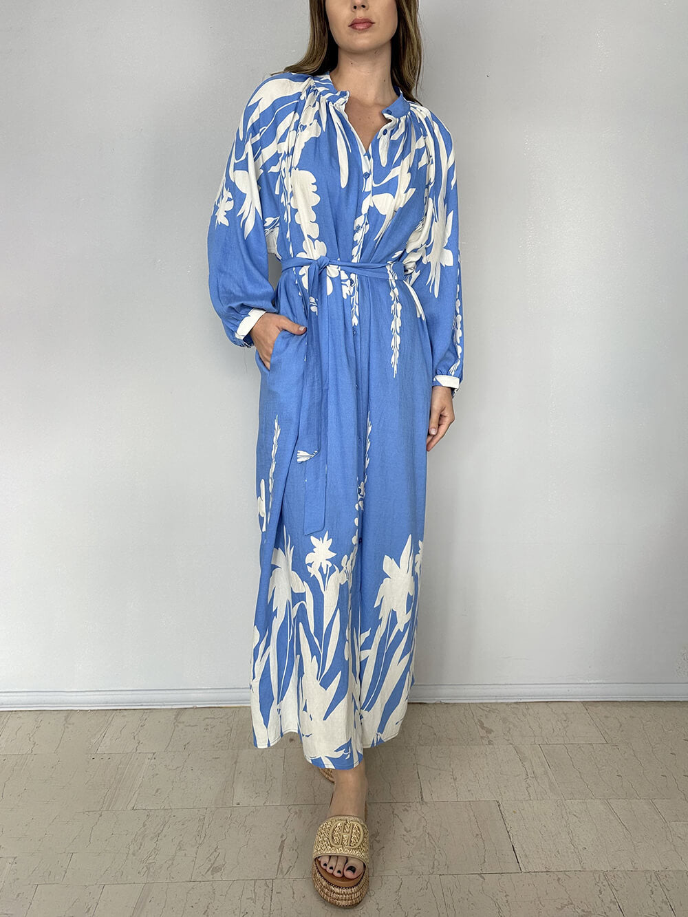 Robe longue fendue à imprimé bohème unique et ceinture