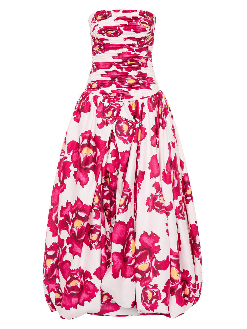 Elegance Perfect Moment – ​​Schulterfreies Maxikleid mit Blumenmuster, gerüschtem Oberteil und drapiertem Ballonsaum