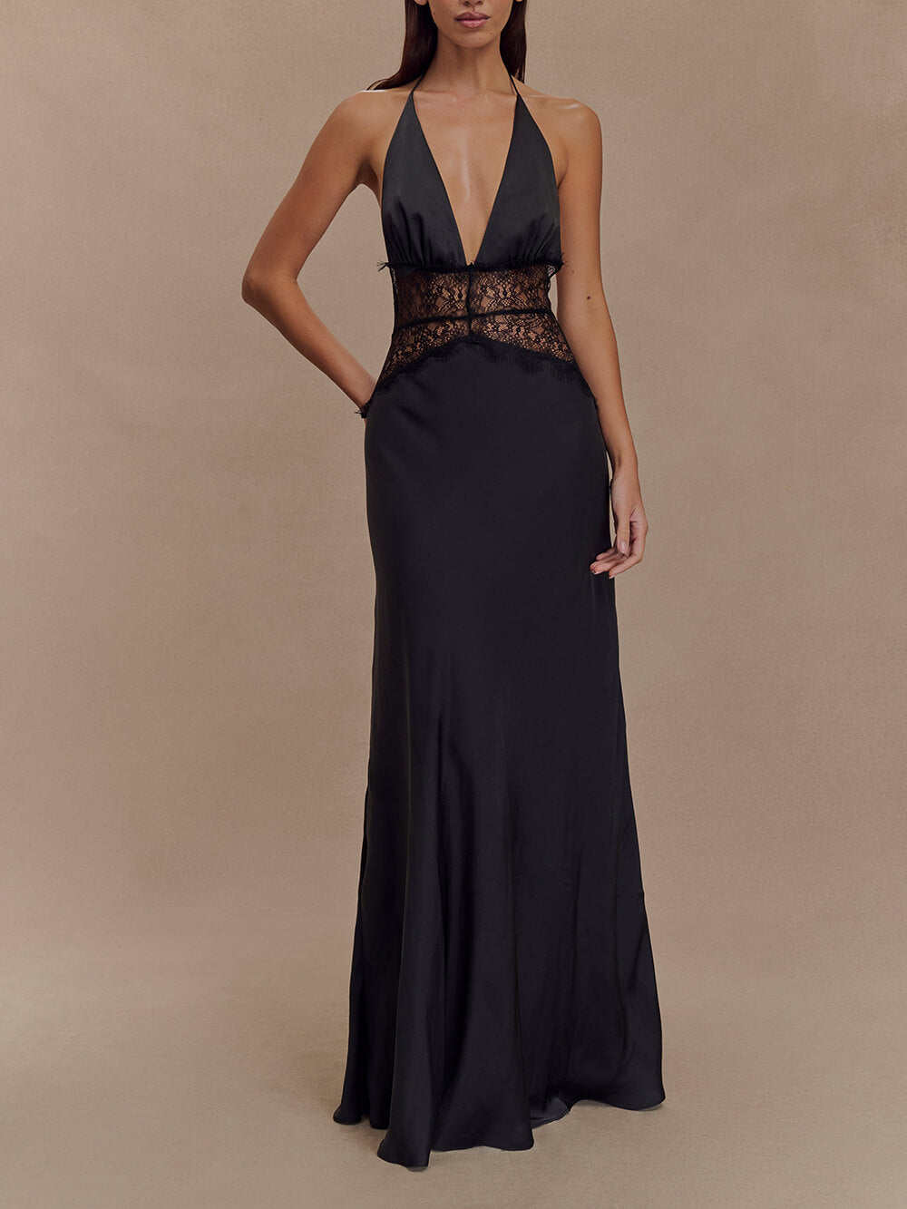 Elegant Lace-Panel V-Neck Lace-Up Satin Maxi Dress