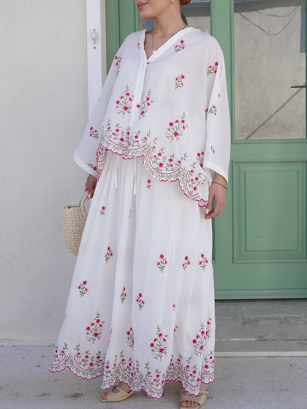 Delicate Floral Embroidered Ruffle With Elastic Waist Midi Skirt