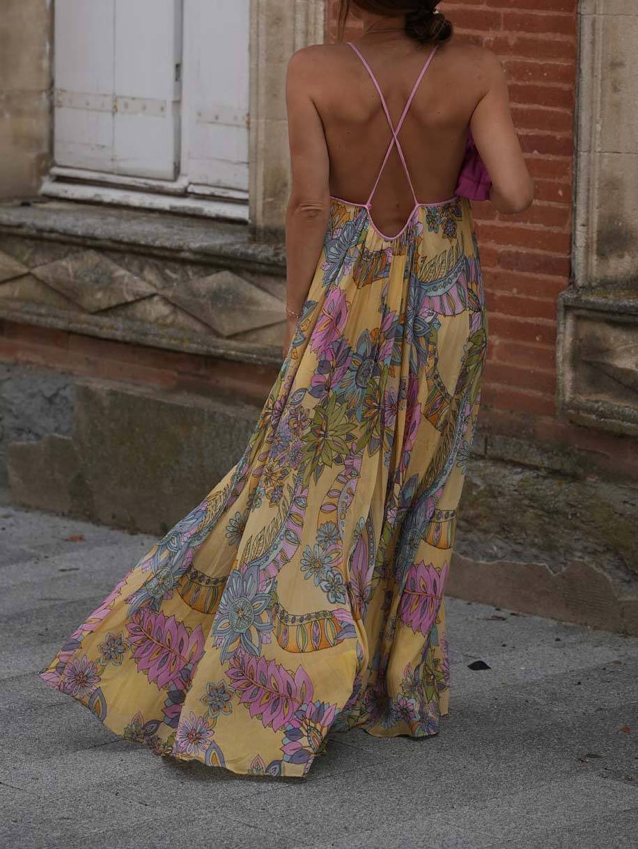 Exquisites, fließendes Chiffon-Maxikleid mit Bohemian-Print